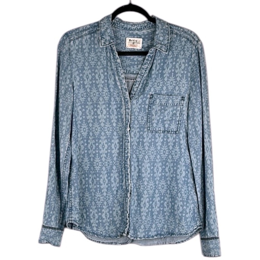 Holding Horses Chambray Damask Print Long Sleeve Button‎ Down Top Size Small